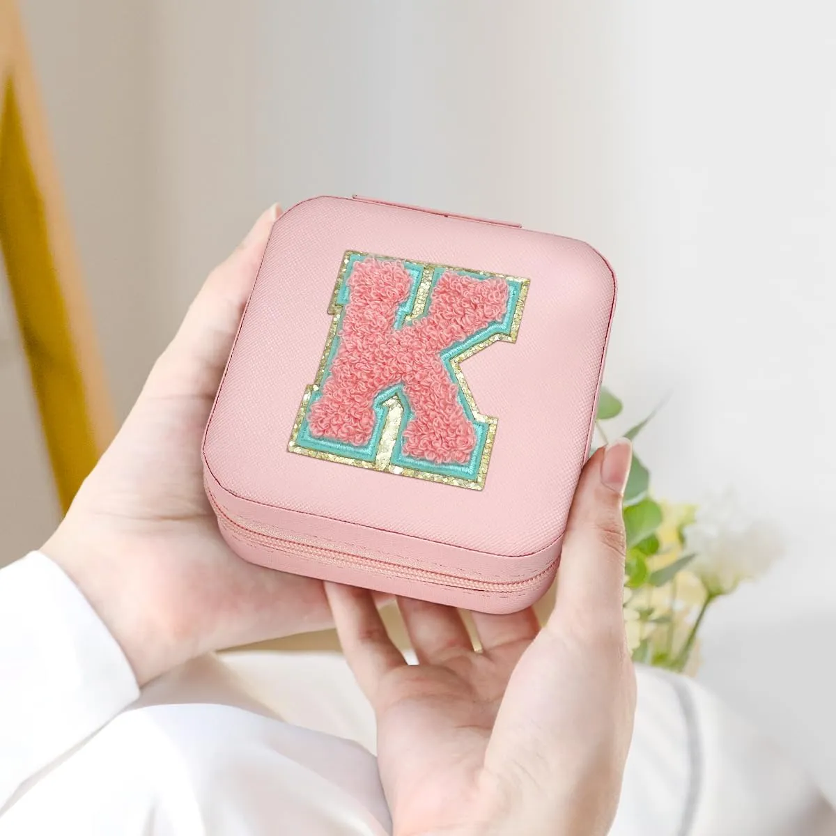 SANDJEST Personalized Jewelry Box, Pink Travel Jewelry Box with Initial K, Small Monogrammed Jewelry Case Organizer for Girls Women Teen Kids, Mini Travel Essentials Gifts for Birthday Christmas