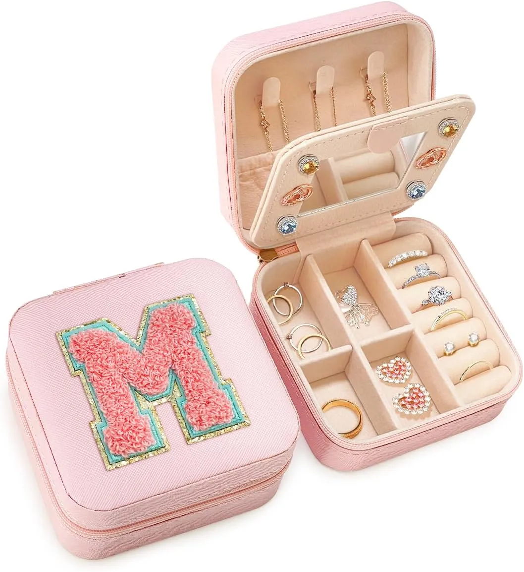 SANDJEST Personalized Jewelry Box, Pink Travel Jewelry Box with Initial M, Small Monogrammed Jewelry Case Organizer for Girls Women Teen Kids, Mini Travel Essentials Gifts for Birthday Christmas