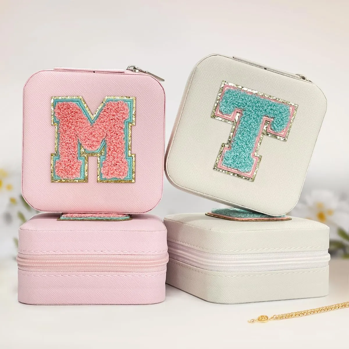 SANDJEST Personalized Jewelry Box, Pink Travel Jewelry Box with Initial M, Small Monogrammed Jewelry Case Organizer for Girls Women Teen Kids, Mini Travel Essentials Gifts for Birthday Christmas