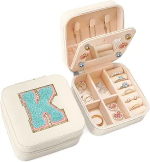 SANDJEST Personalized Jewelry Box, White Travel Jewelry Box with Initial K, Small Monogrammed Jewelry Case Organizer for Girls Women Teen Kids, Mini Travel Essentials Gifts for Birthday Christmas