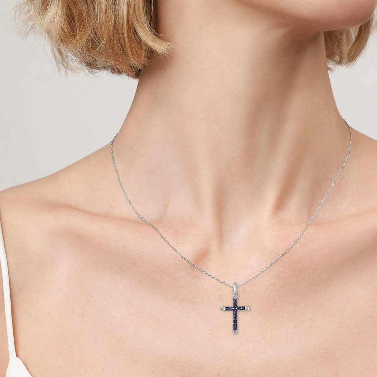 Santuzza 10K Solid Gold Gemstone Genuine Diamond Dainty Cross Pendant Without Chain for Women