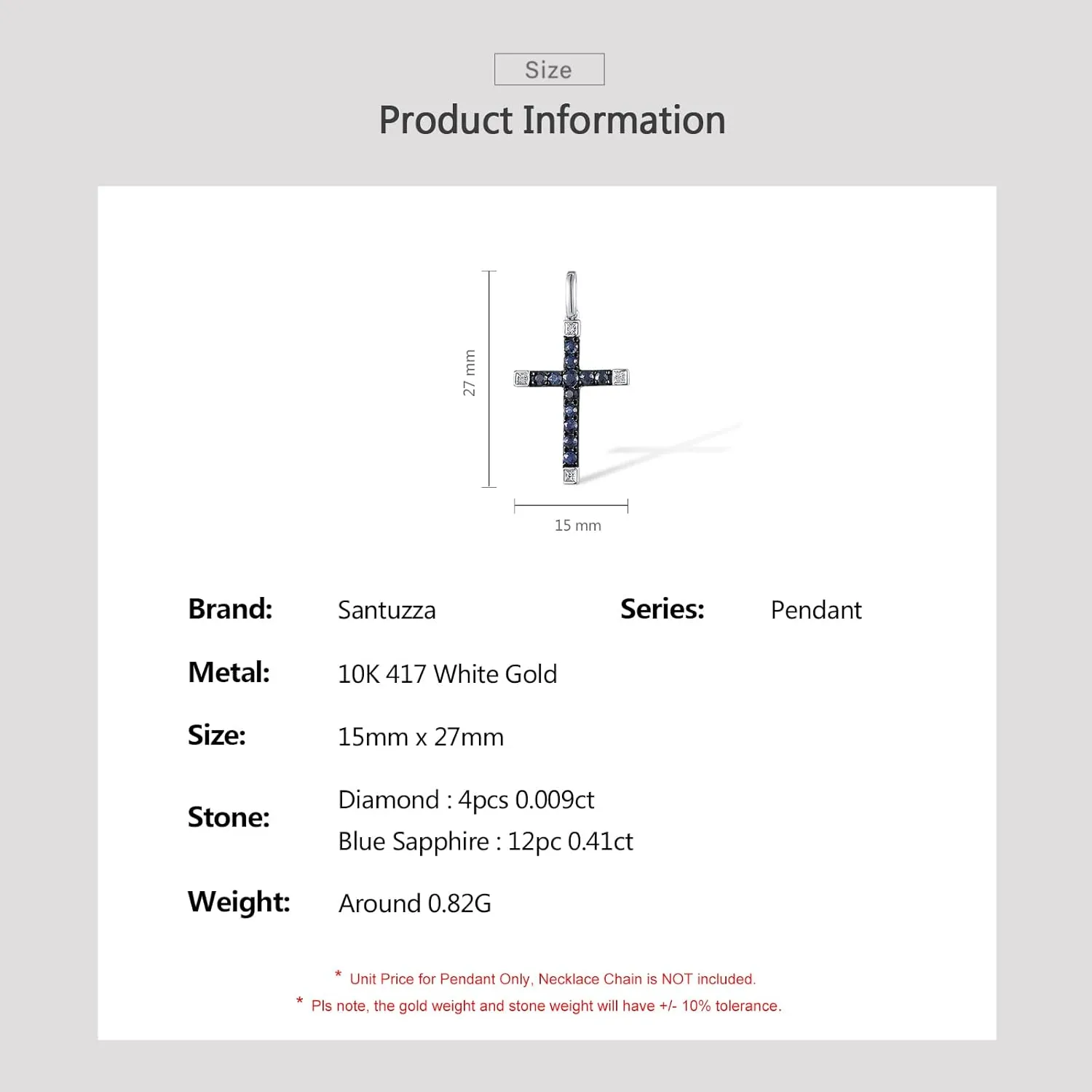 Santuzza 10K Solid Gold Gemstone Genuine Diamond Dainty Cross Pendant Without Chain for Women