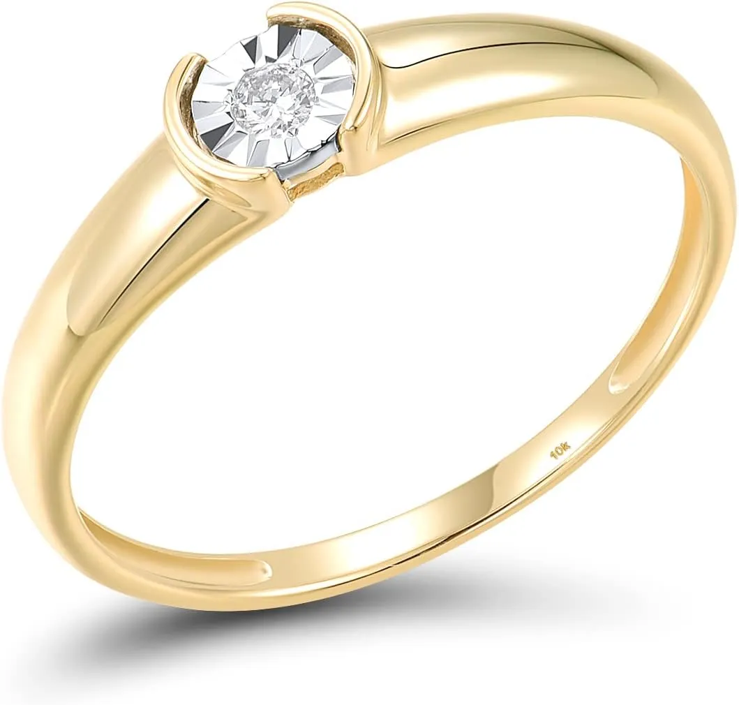 Santuzza 10K Solid Gold Solitaire Miracle Plate Genuine Diamond Ring for Women