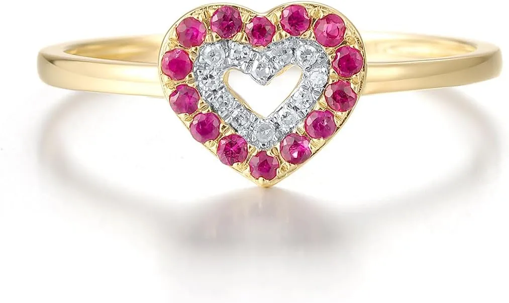 Santuzza 10K Yellow Solid Gold Pink & White Love Heart Genuine Diamond Ruby Simple for Women