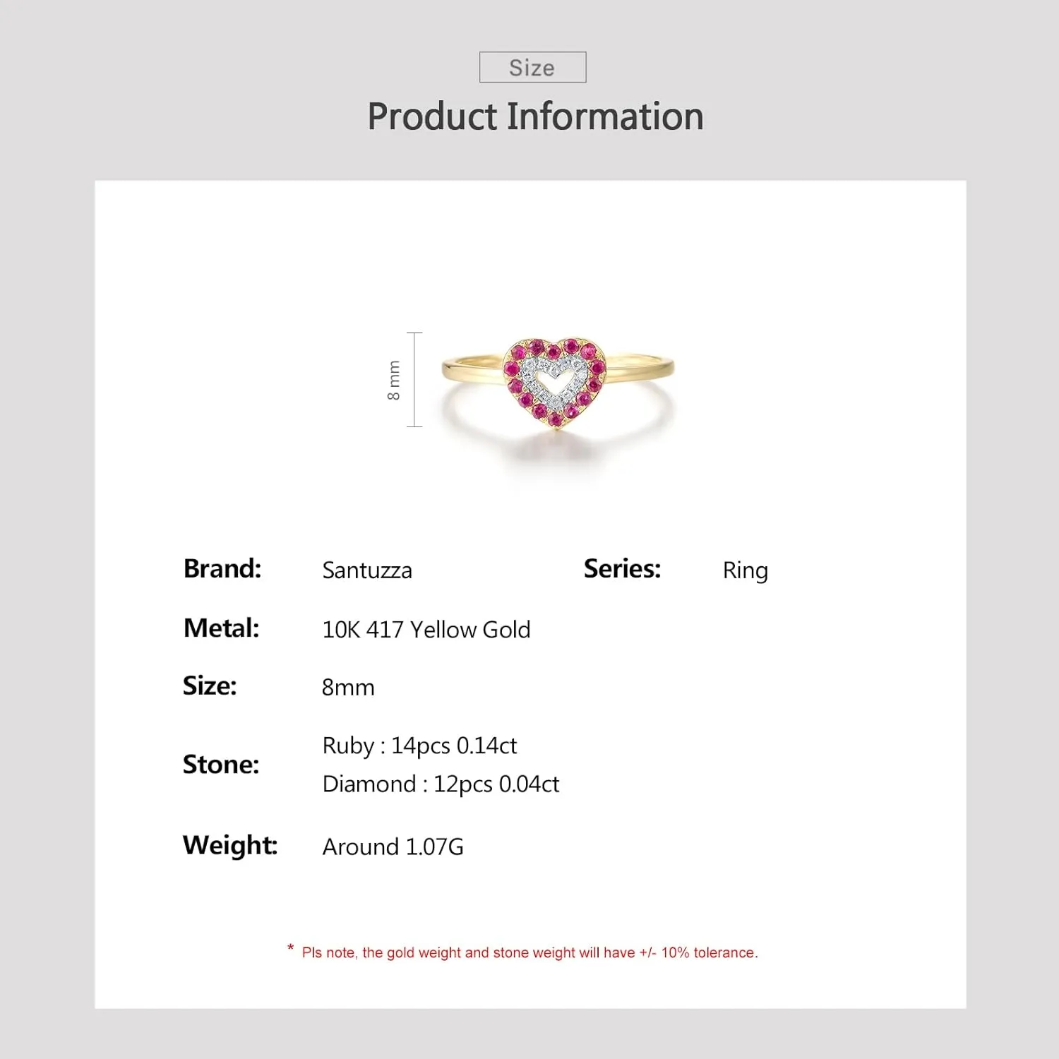 Santuzza 10K Yellow Solid Gold Pink & White Love Heart Genuine Diamond Ruby Simple for Women