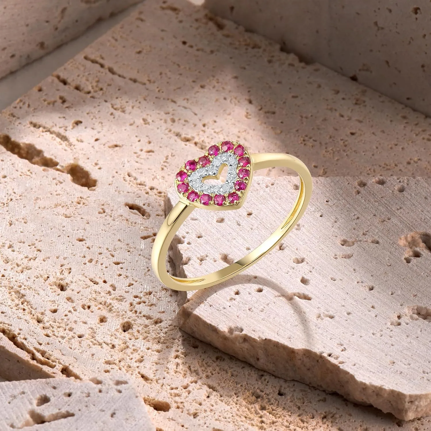 Santuzza 10K Yellow Solid Gold Pink & White Love Heart Genuine Diamond Ruby Simple for Women