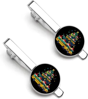 School Bus Christmas Tree Men's Tie Clip Round Tie Bar Tie Tack Pins Jewelry Accessories for Father's Day Gifts