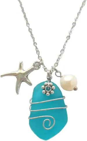 Sea Glass Necklace for Women Men Wire Wrapped Beach Necklaces with Starfish Imitation Pearl Handmade Summer Beach Holiday Sea Glass Jewelry Gift - Blue Sea Glass & Starfish