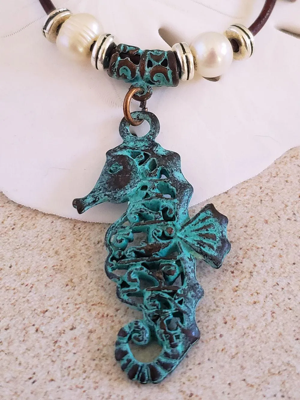 Seahorse Pendant Necklace- Antique Copper & Leather