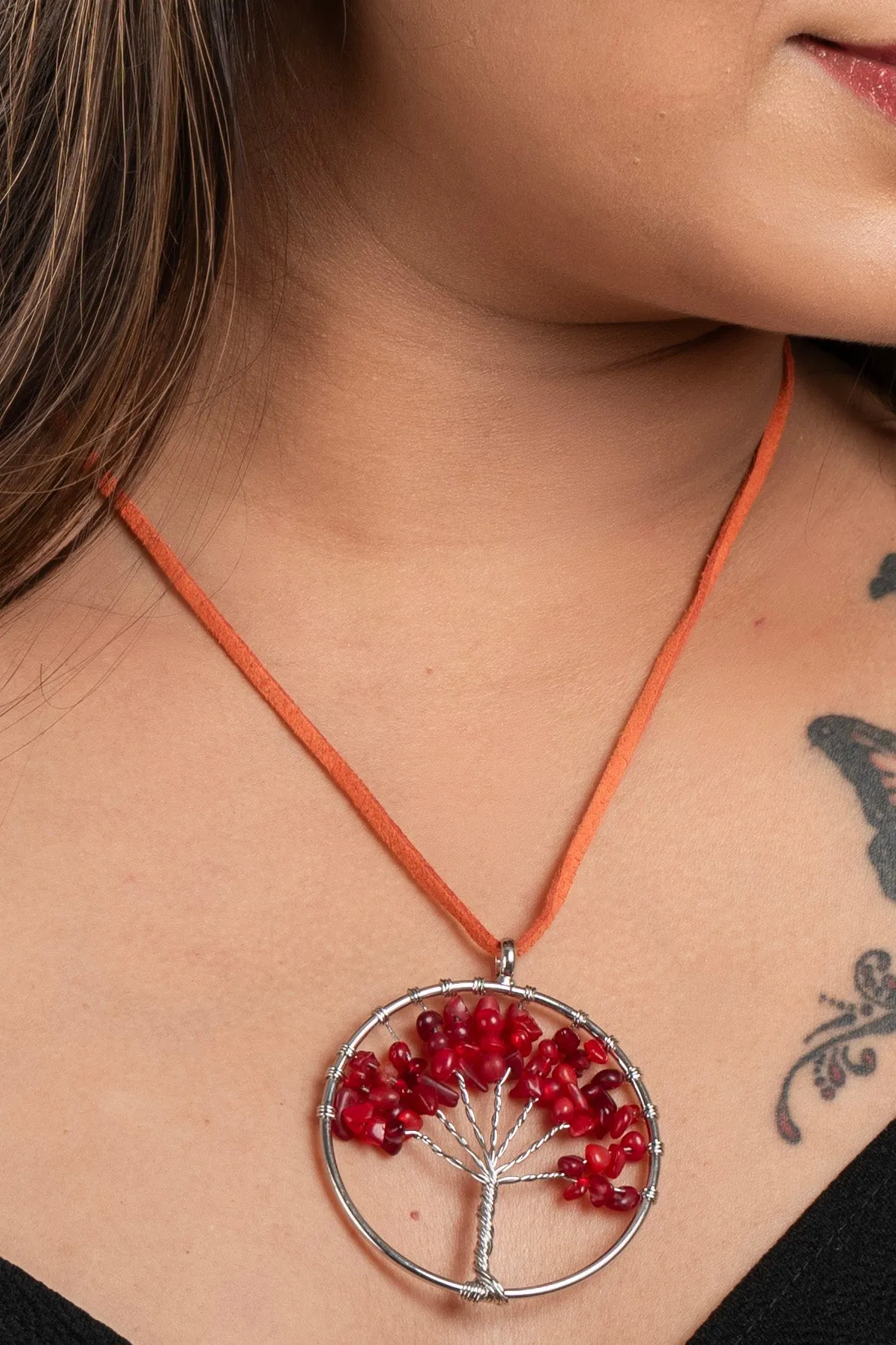 Semi Precious Carnelian Stone Tree of Life Pendant Necklace with Adjustable Suede Cord