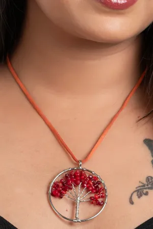 Semi Precious Carnelian Stone Tree of Life Pendant Necklace with Adjustable Suede Cord