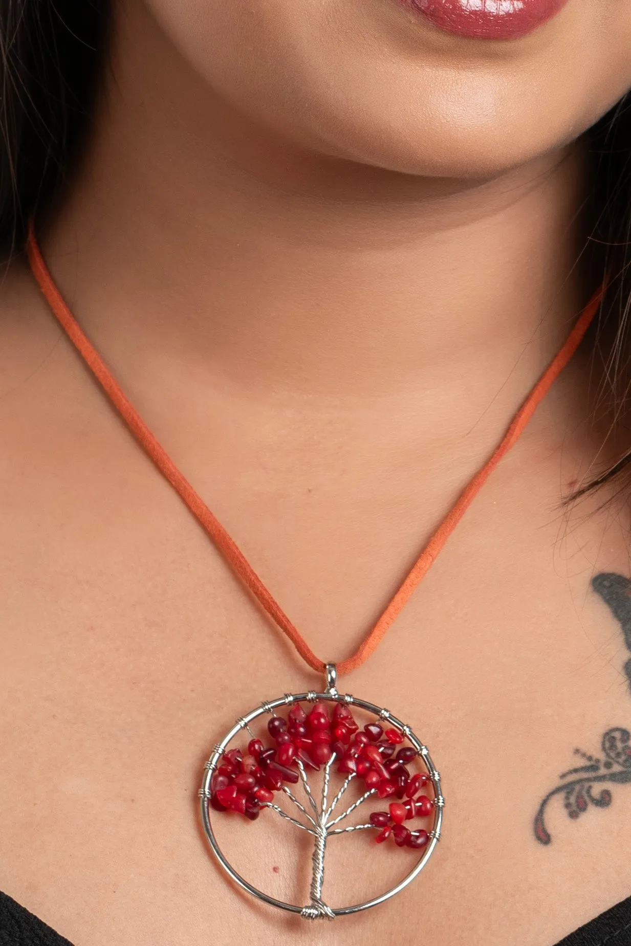 Semi Precious Carnelian Stone Tree of Life Pendant Necklace with Adjustable Suede Cord