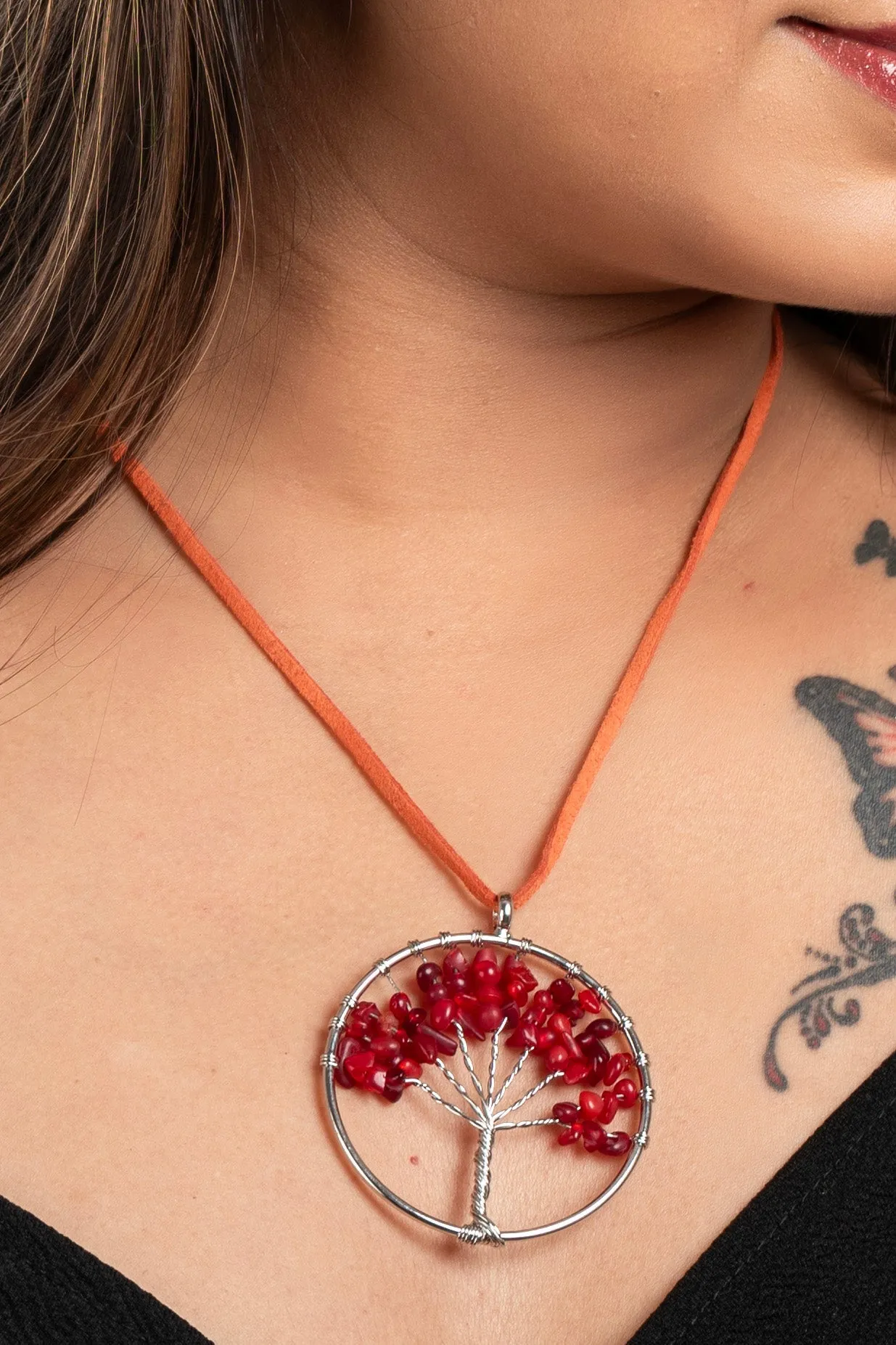 Semi Precious Carnelian Stone Tree of Life Pendant Necklace with Adjustable Suede Cord