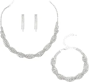 Set of 3 Women Rhinestone Crystal Wedding Bridal Choker Wedding Jewelry Sets Elegant Bridal Necklace Earrings Bracelet Sets Prom Jewelry Set Bridesmaid Prom Formal Costume Accessories - Silver