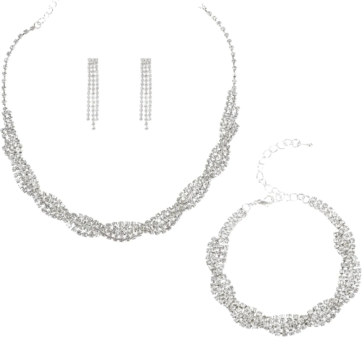 Set of 3 Women Rhinestone Crystal Wedding Bridal Choker Wedding Jewelry Sets Elegant Bridal Necklace Earrings Bracelet Sets Prom Jewelry Set Bridesmaid Prom Formal Costume Accessories - Silver