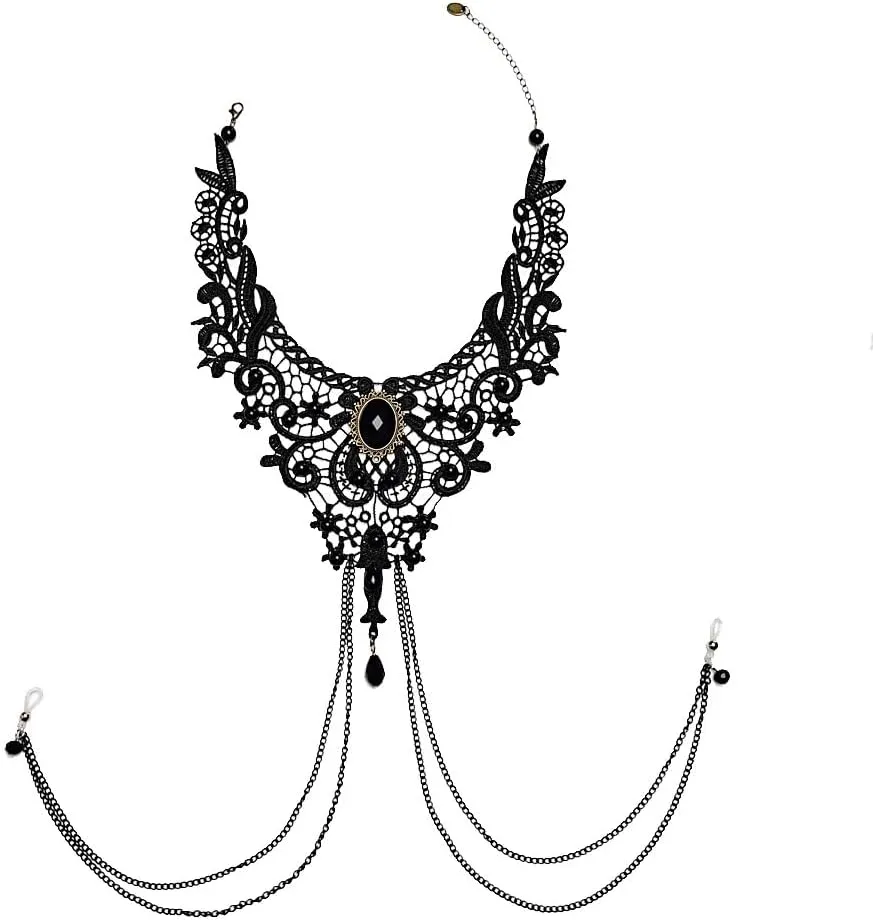 Sexy Fake Nipple Rings Nipple Noose Black Lace Choker Necklace Non-Piercing Nipple Rings Sexy Body Chain Nipple Chain for Women Clothing Accessories