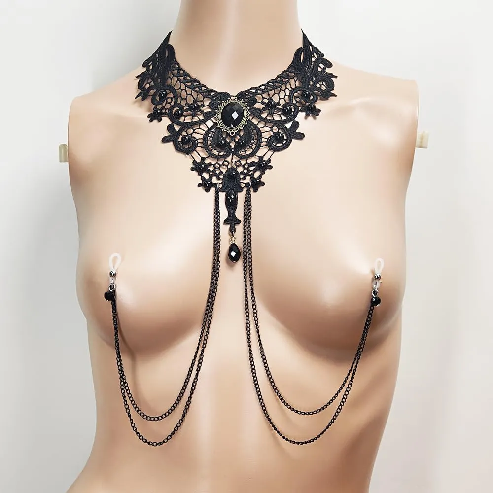 Sexy Fake Nipple Rings Nipple Noose Black Lace Choker Necklace Non-Piercing Nipple Rings Sexy Body Chain Nipple Chain for Women Clothing Accessories