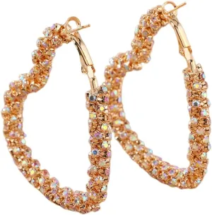 Shiny Big Heart Hoop Earrings for Women Girls Boho Rhinestone Wrapped Huggie Hoops Dangle Earring Lightweight Comfortable Sparkle Wedding Christmas Birthday Jewelry Gifts 50mm
