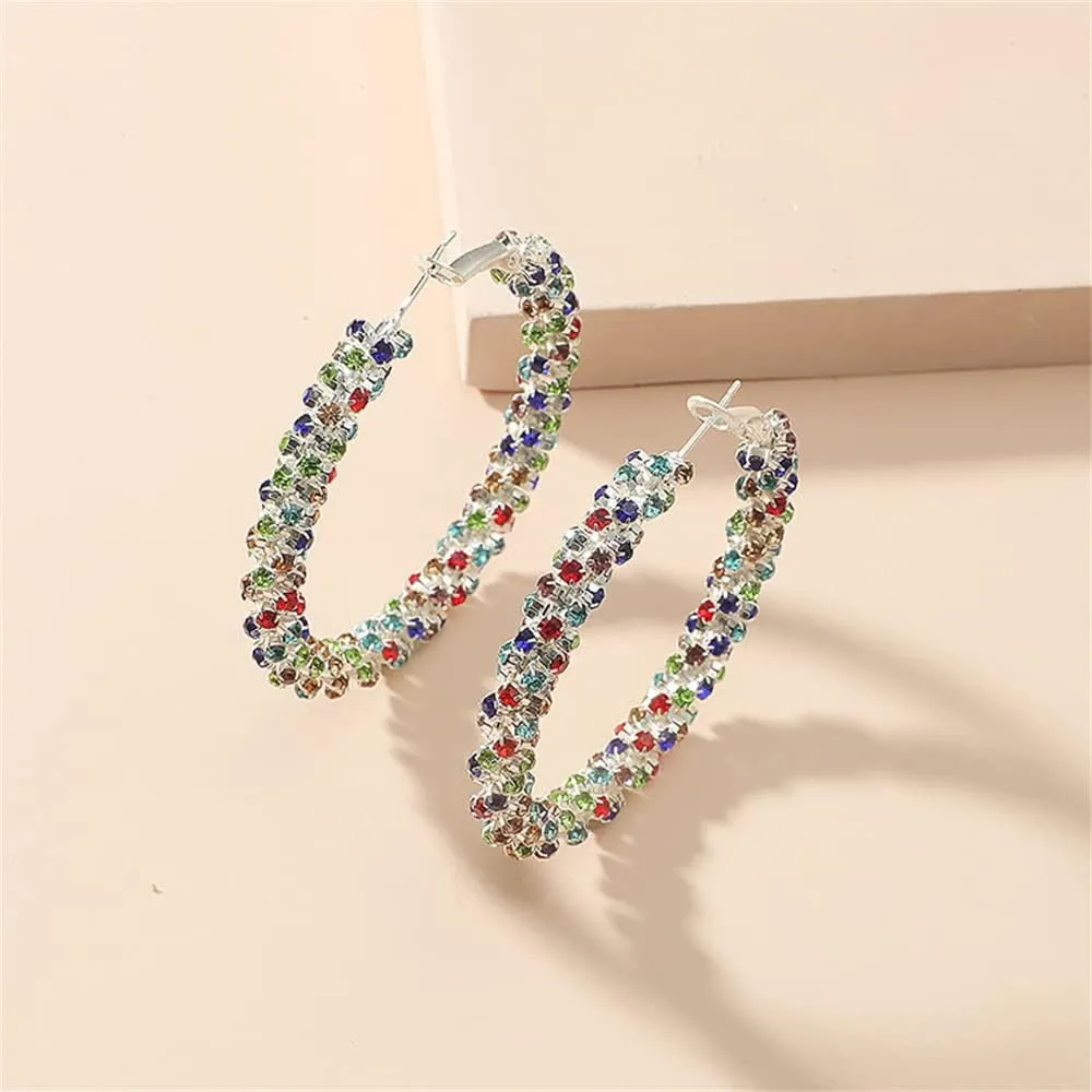 Shiny Big Hoop Earrings for Women Girls Boho Rhinestone Wrapped Hoops Dangle Huggie Earring Lightweight Comfortable Sparkle Wedding Christmas Birthday Jewelry Gifts 50mm