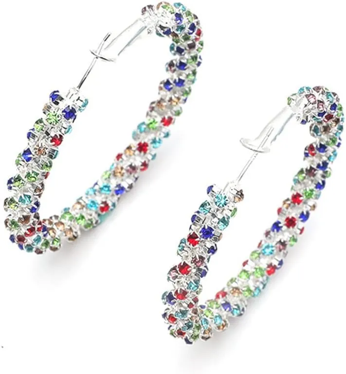 Shiny Big Hoop Earrings for Women Girls Boho Rhinestone Wrapped Hoops Dangle Huggie Earring Lightweight Comfortable Sparkle Wedding Christmas Birthday Jewelry Gifts 50mm