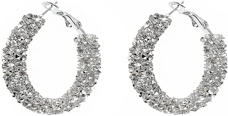 Shiny Small Hoop Earrings for Women Girls Boho Rhinestone Wrapped Hoops Dangle Huggie Earring Lightweight Comfortable Sparkle Wedding Christmas Birthday Jewelry Gifts 30mm