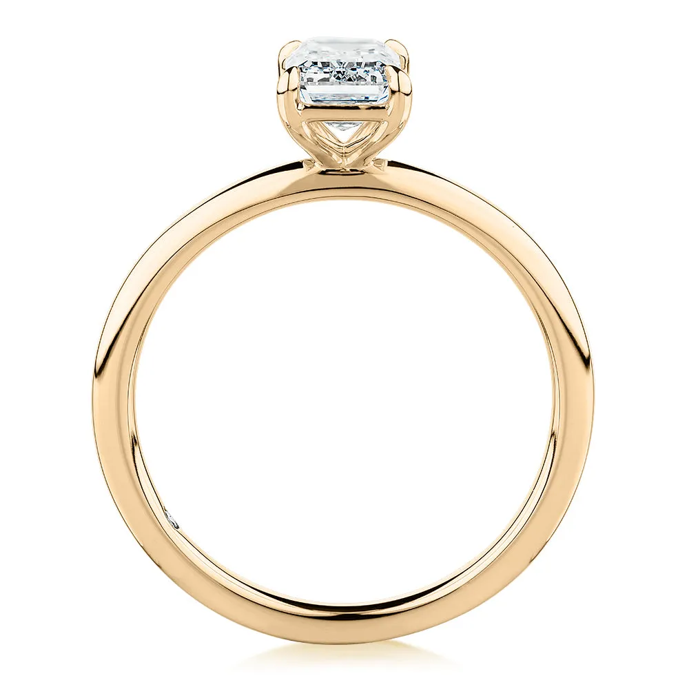 Signature Simulant Diamond 1.00 carat* emerald cut solitaire engagement ring in 14 carat yellow gold