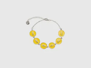 Silver Finish Metal Bracelet with Enamelled Yellow Pendants and Adjustable Hook Closure