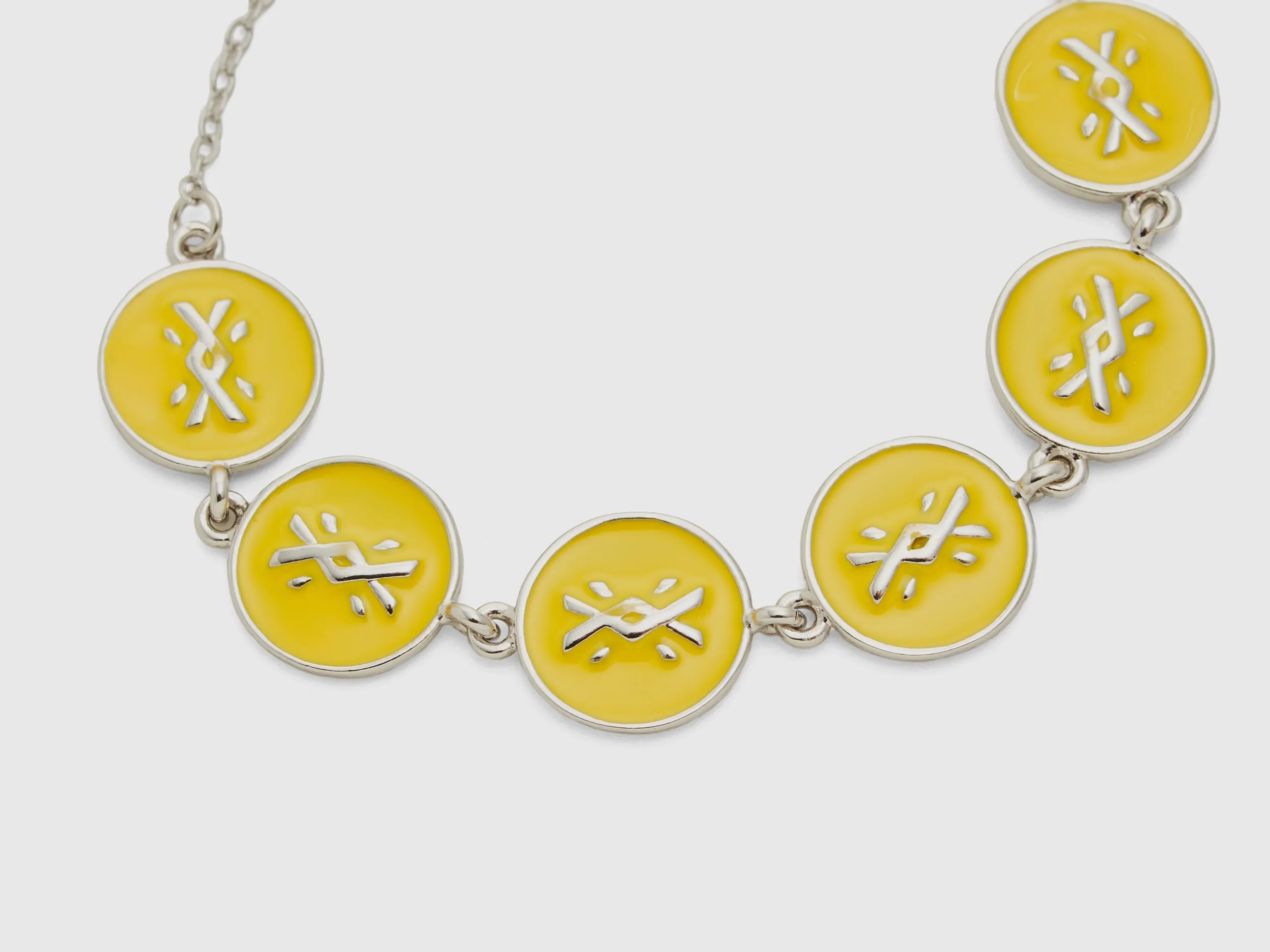 Silver Finish Metal Bracelet with Enamelled Yellow Pendants and Adjustable Hook Closure