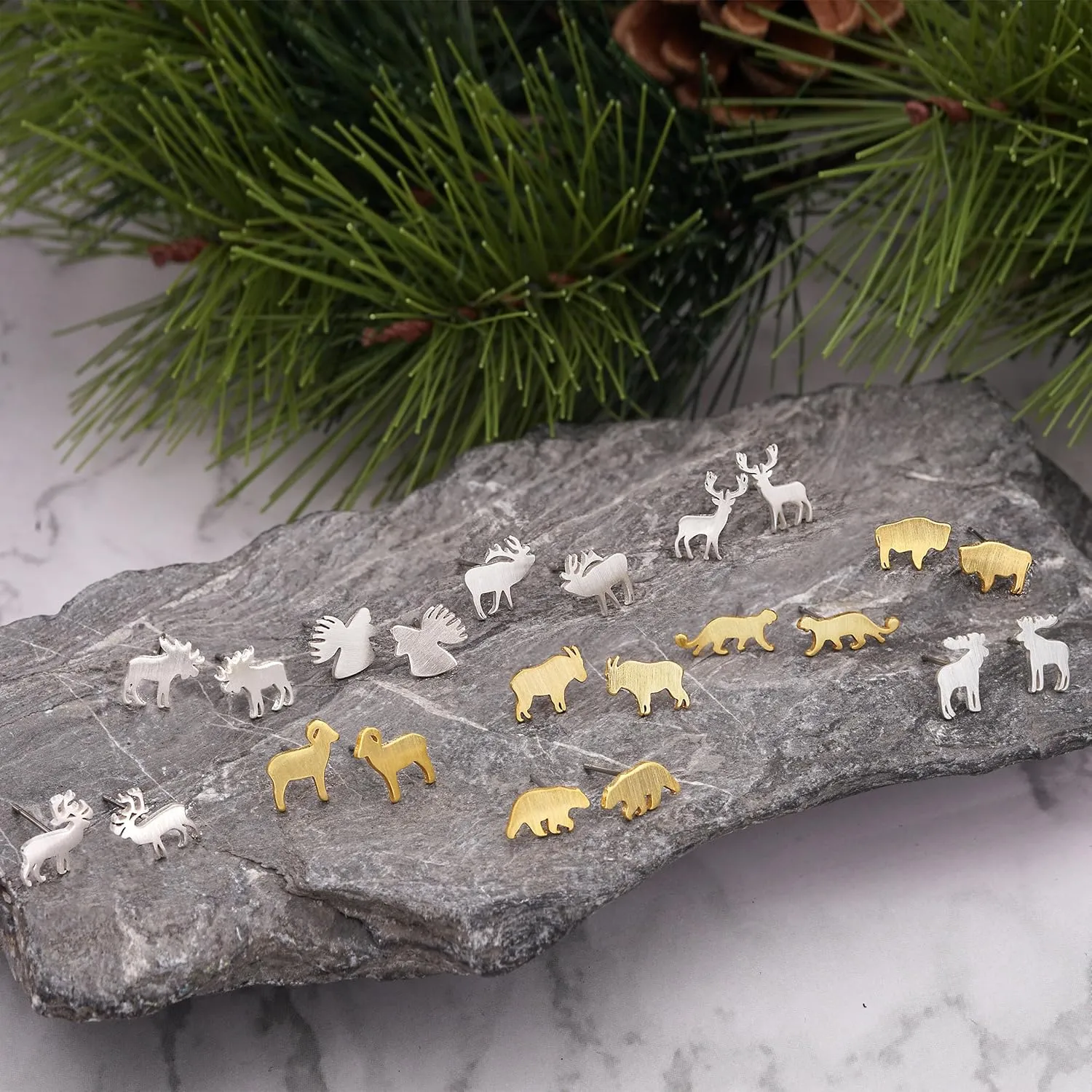 Silver Gold Plated Wildlife Bear Moose Elk Buffalo Earrings - Small Cute Animal Studs for Women & Teen Girls - Animal Jewelry Gift