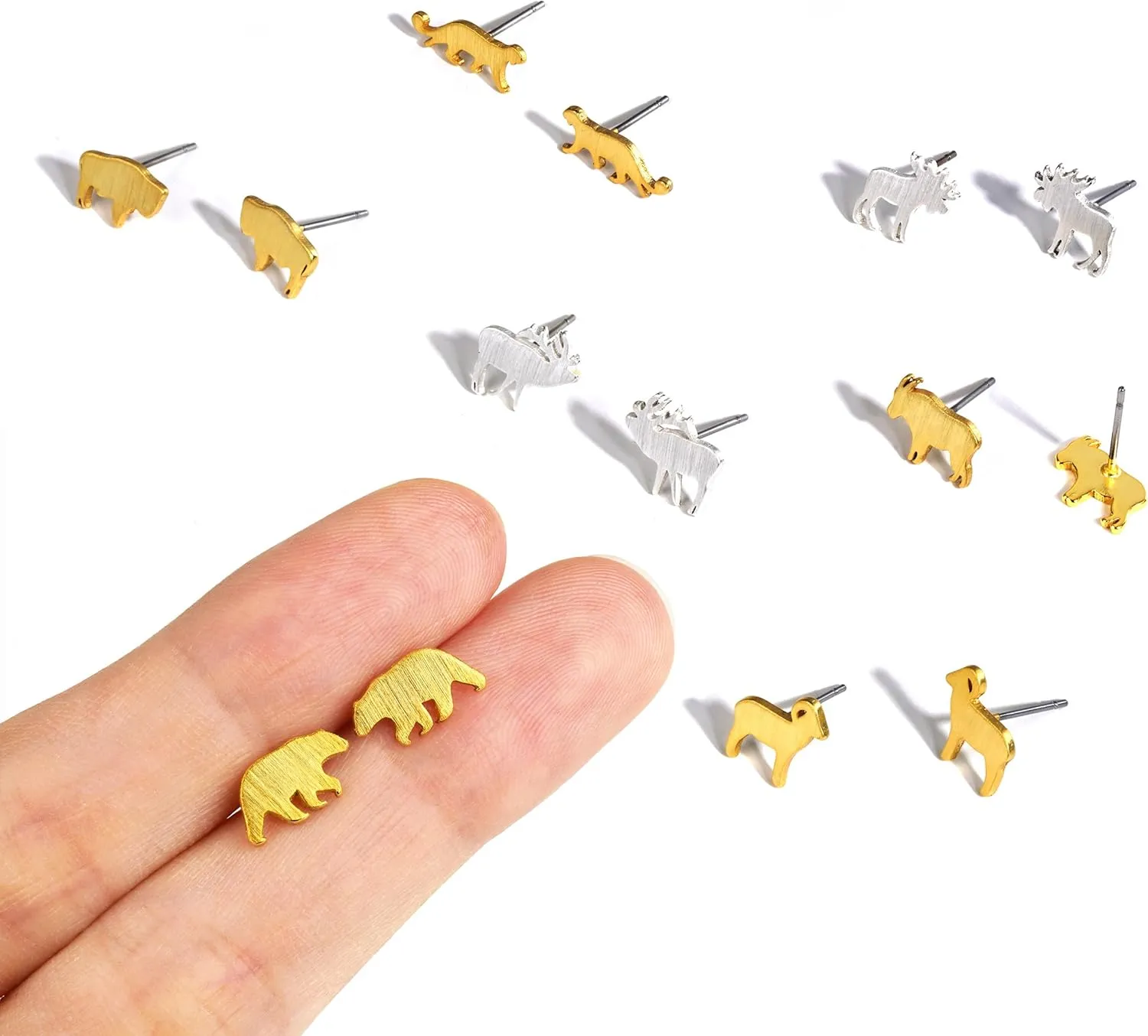 Silver Gold Plated Wildlife Bear Moose Elk Buffalo Earrings - Small Cute Animal Studs for Women & Teen Girls - Animal Jewelry Gift