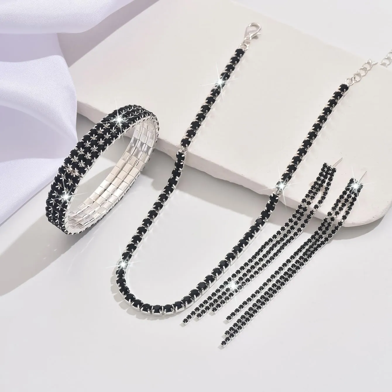 Silver Prom Jewelry Set for Women Elegant Crystal Rhinestone Necklace and Earrings Bracelet Prom Accessories Wedding Jewelry Sets for Brides