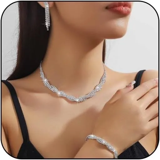 Silver Prom Jewelry Set for Women Elegant Crystal Rhinestone Necklace and Earrings Bracelet Prom Accessories Wedding Jewelry Sets for Brides