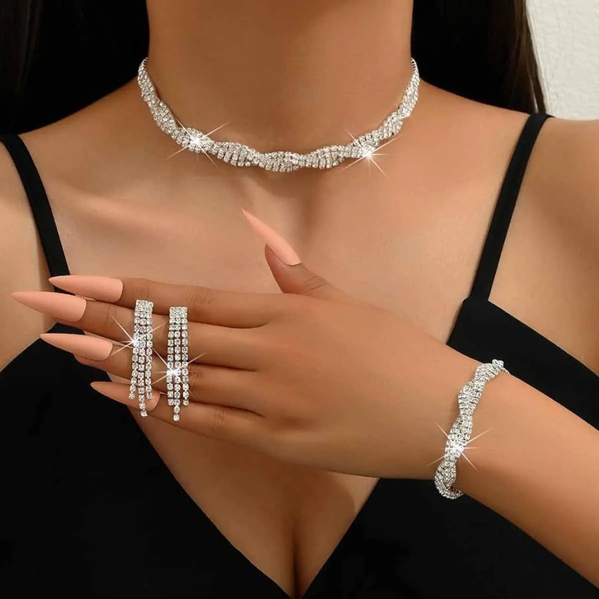 Silver Prom Jewelry Set for Women Elegant Crystal Rhinestone Necklace and Earrings Bracelet Prom Accessories Wedding Jewelry Sets for Brides