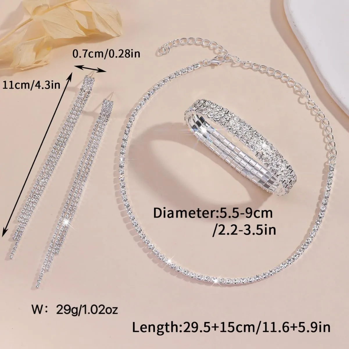 Silver Prom Jewelry Set for Women Elegant Crystal Rhinestone Necklace and Earrings Bracelet Prom Accessories Wedding Jewelry Sets for Brides