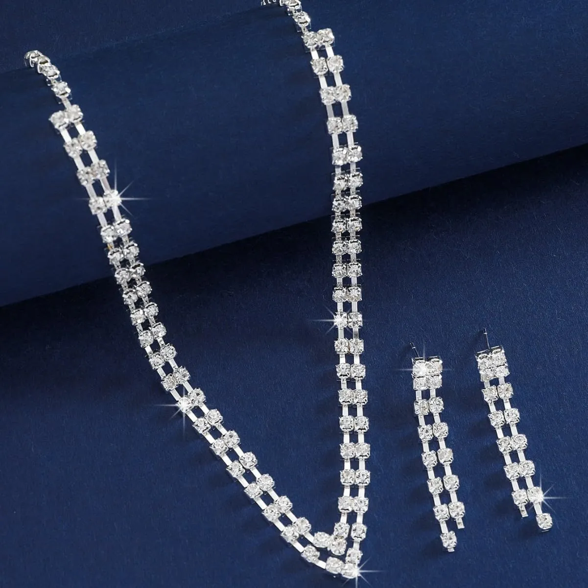 Silver Prom Jewelry Set for Women Elegant Crystal Rhinestone Necklace and Earrings Bracelet Prom Accessories Wedding Jewelry Sets for Brides