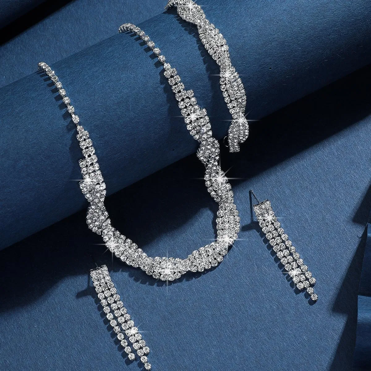 Silver Prom Jewelry Set for Women Elegant Crystal Rhinestone Necklace and Earrings Bracelet Prom Accessories Wedding Jewelry Sets for Brides