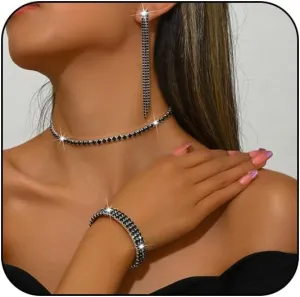 Silver Prom Jewelry Set for Women Elegant Crystal Rhinestone Necklace and Earrings Bracelet Prom Accessories Wedding Jewelry Sets for Brides