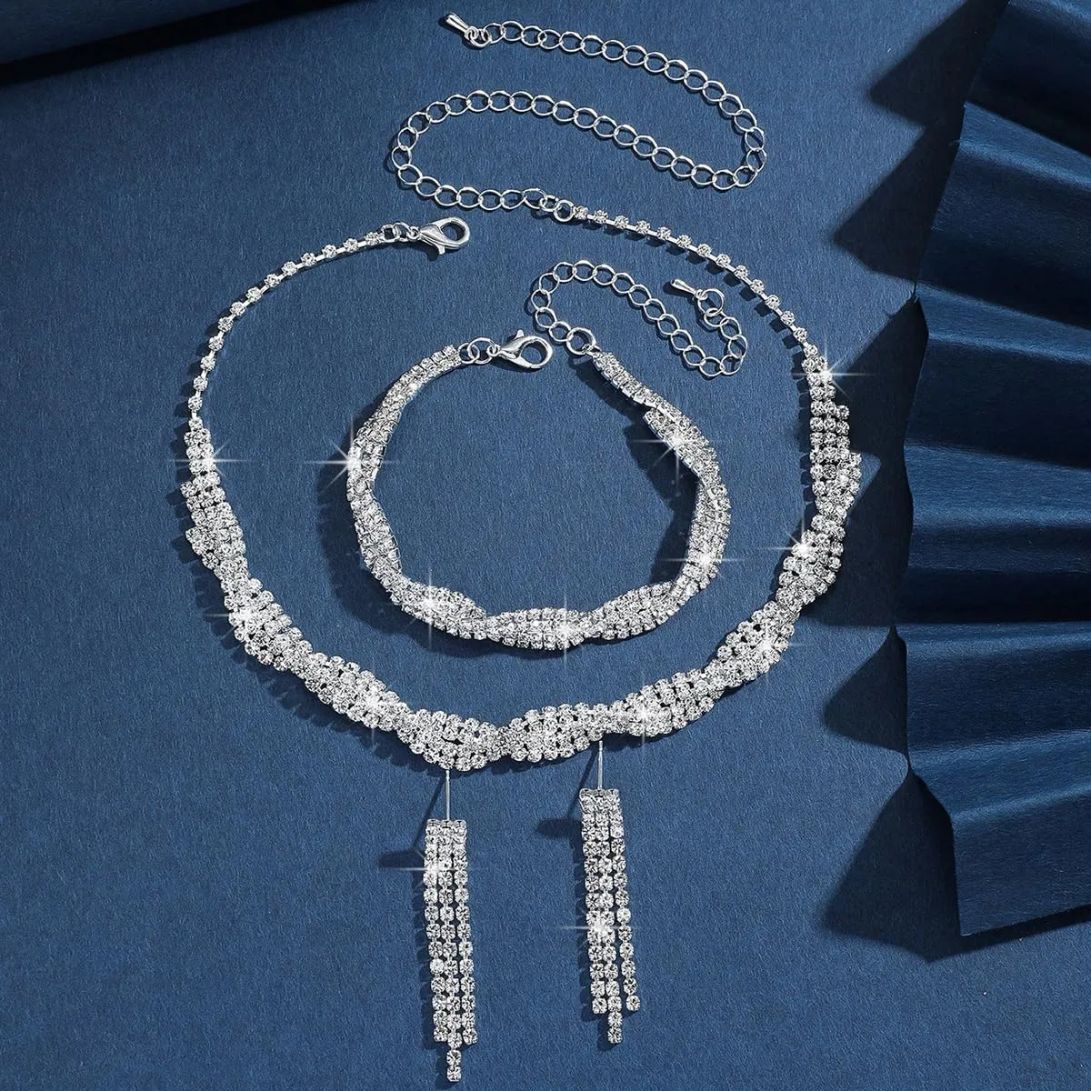 Silver Prom Jewelry Set for Women Elegant Crystal Rhinestone Necklace and Earrings Bracelet Prom Accessories Wedding Jewelry Sets for Brides