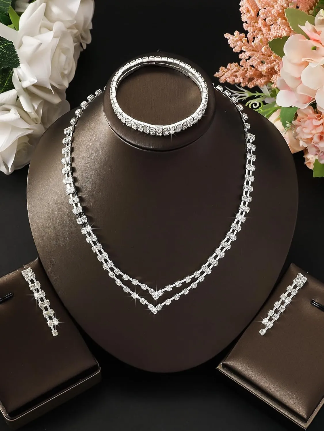 Silver Prom Jewelry Set for Women Elegant Crystal Rhinestone Necklace and Earrings Bracelet Prom Accessories Wedding Jewelry Sets for Brides