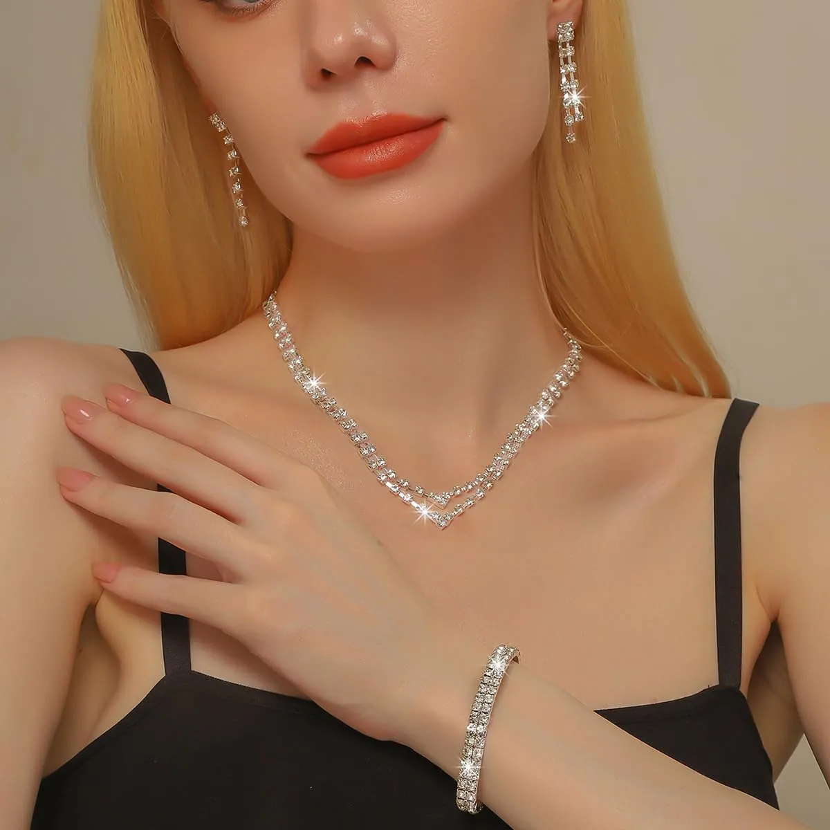 Silver Prom Jewelry Set for Women Elegant Crystal Rhinestone Necklace and Earrings Bracelet Prom Accessories Wedding Jewelry Sets for Brides