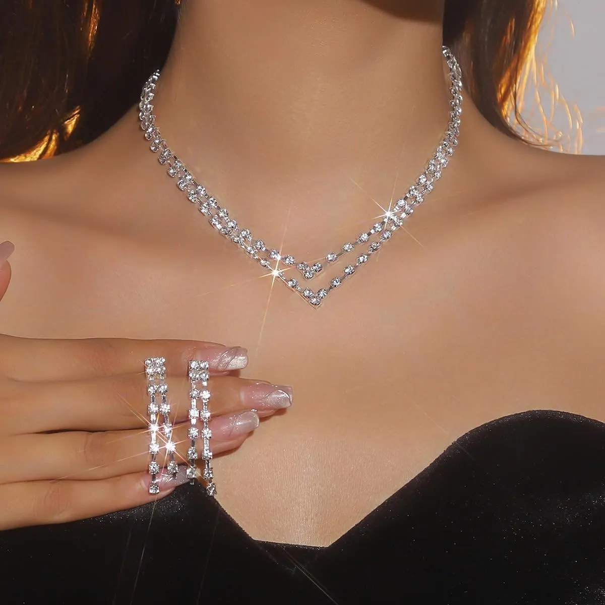Silver Prom Jewelry Set for Women Elegant Crystal Rhinestone Necklace and Earrings Bracelet Prom Accessories Wedding Jewelry Sets for Brides