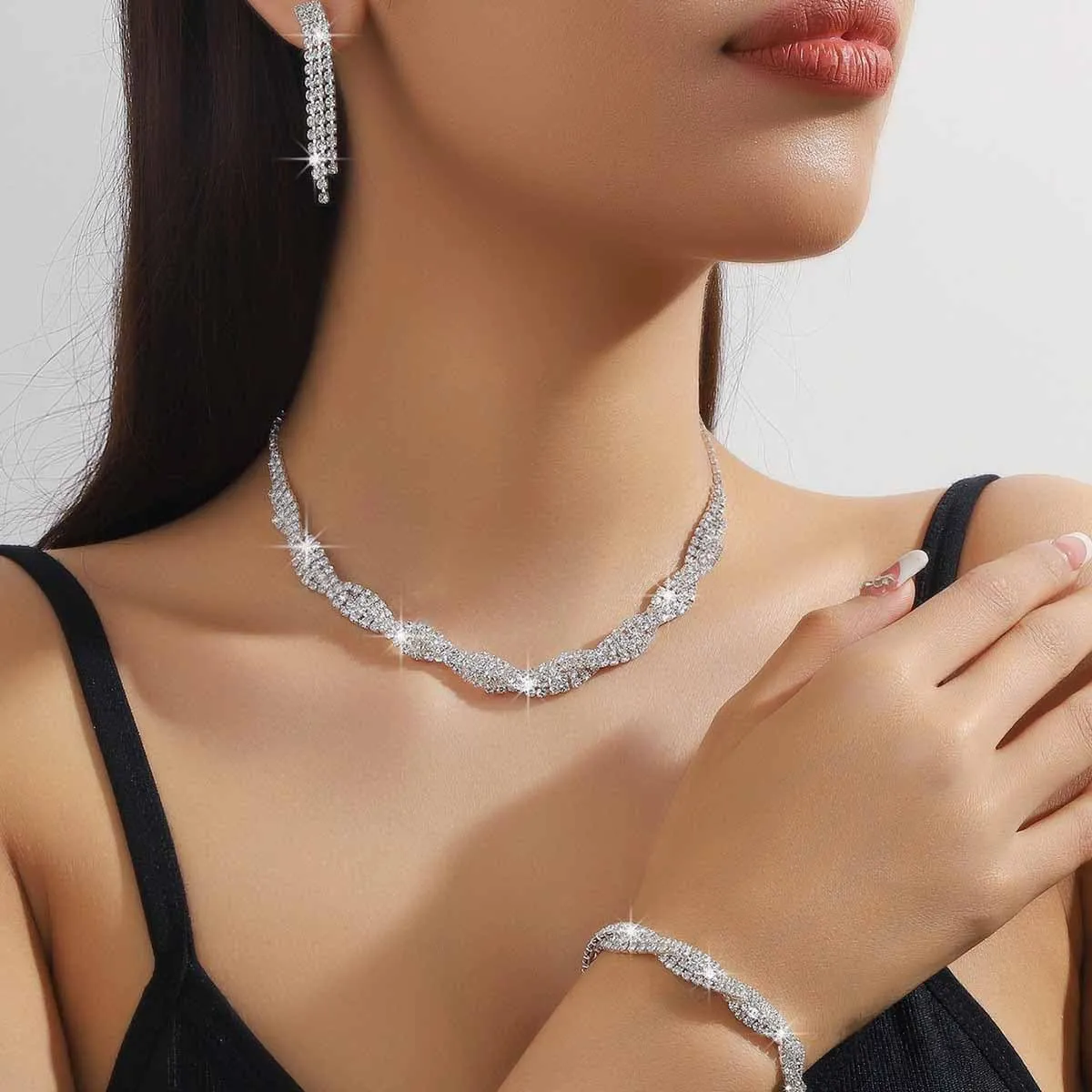 Silver Prom Jewelry Set for Women Elegant Crystal Rhinestone Necklace and Earrings Bracelet Prom Accessories Wedding Jewelry Sets for Brides