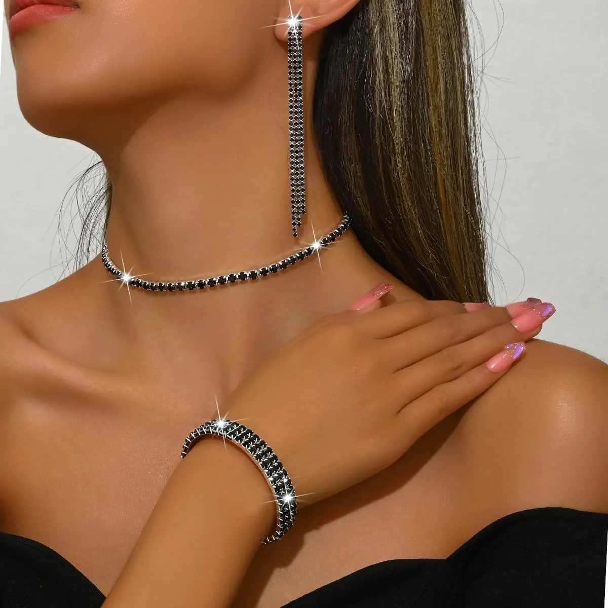 Silver Prom Jewelry Set for Women Elegant Crystal Rhinestone Necklace and Earrings Bracelet Prom Accessories Wedding Jewelry Sets for Brides