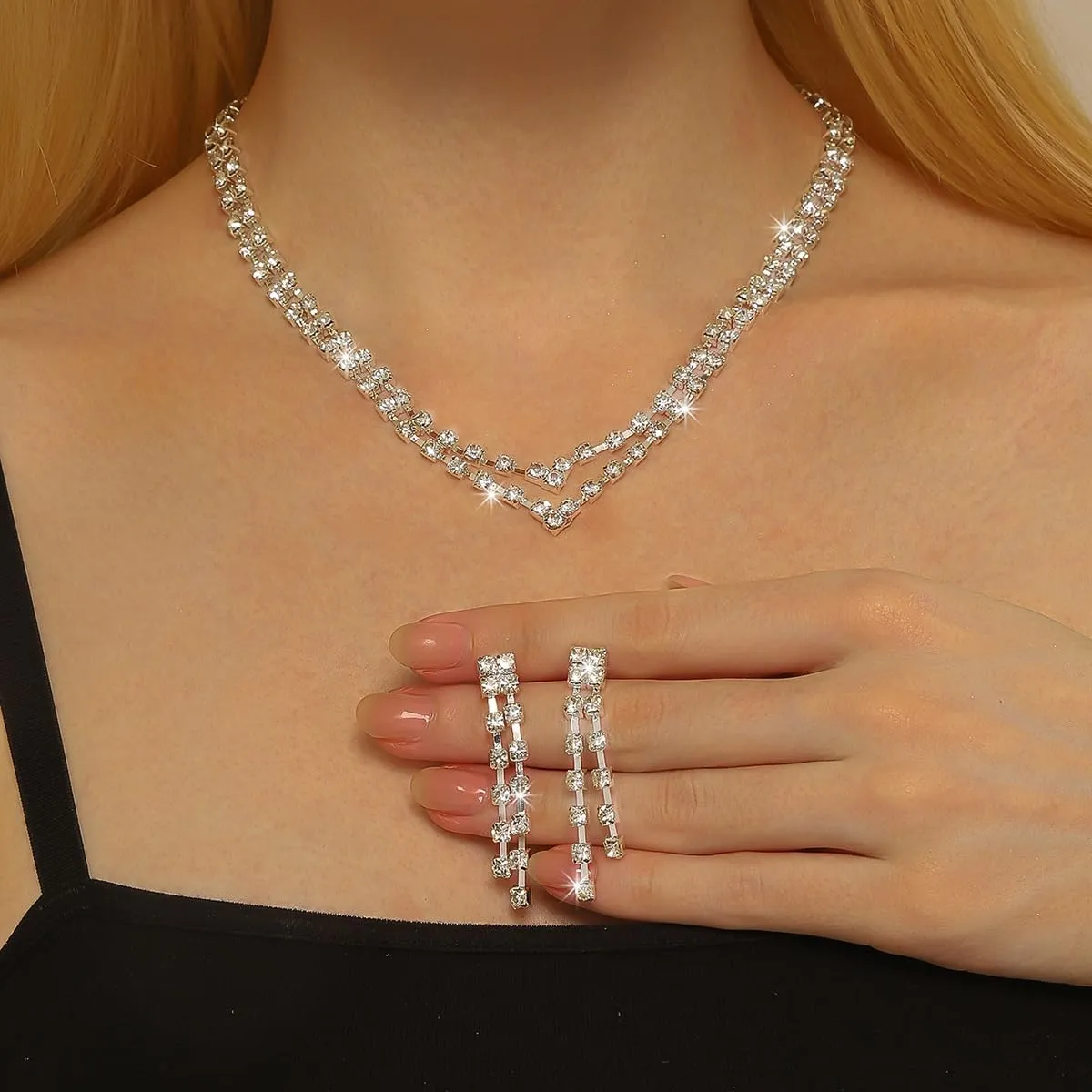 Silver Prom Jewelry Set for Women Elegant Crystal Rhinestone Necklace and Earrings Bracelet Prom Accessories Wedding Jewelry Sets for Brides