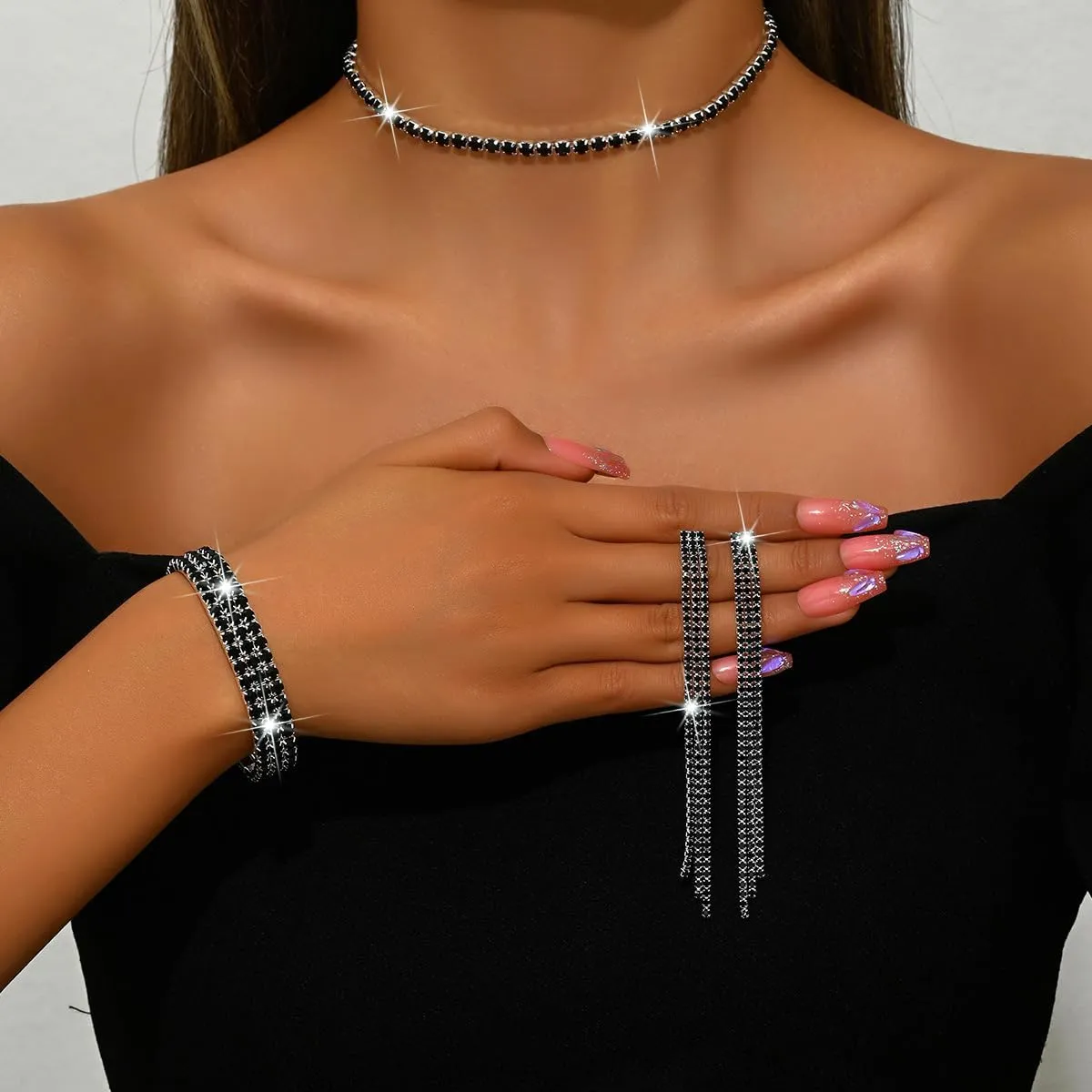 Silver Prom Jewelry Set for Women Elegant Crystal Rhinestone Necklace and Earrings Bracelet Prom Accessories Wedding Jewelry Sets for Brides