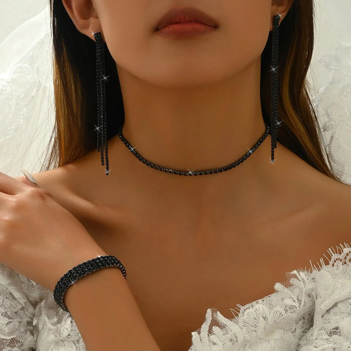 Silver Prom Jewelry Set for Women Elegant Crystal Rhinestone Necklace and Earrings Bracelet Prom Accessories Wedding Jewelry Sets for Brides