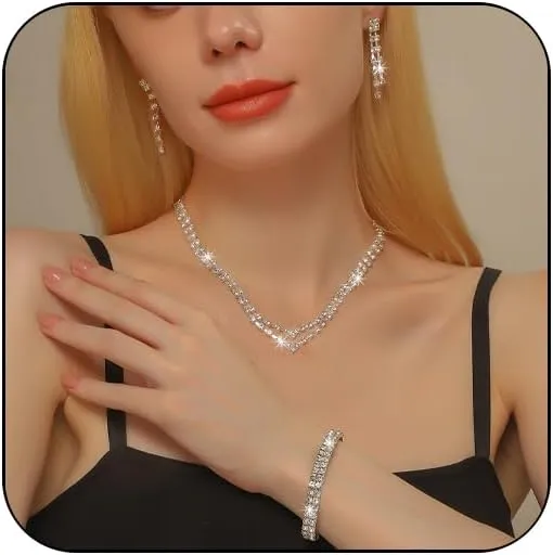 Silver Prom Jewelry Set for Women Elegant Crystal Rhinestone Necklace and Earrings Bracelet Prom Accessories Wedding Jewelry Sets for Brides