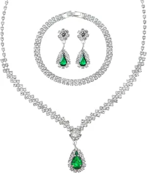 Silver Prom Jewelry Sets for Women Elegant Silver Crystal Wedding Necklace Earrings Bracelet Jewelry Set for Women Costume Party Bride Bridesmaid Wedding Prom Jewelry Gifts