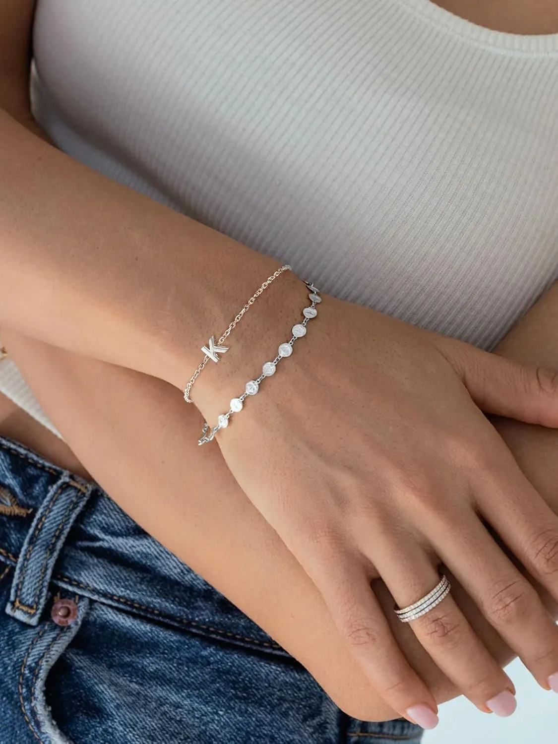 Silvora S925 Sterling Silver Initial Letter Bracelet - A to Z, 6.3"   2" Adjustable Personalized 26 Alphabet Jewelry Initial Bracelet for Women