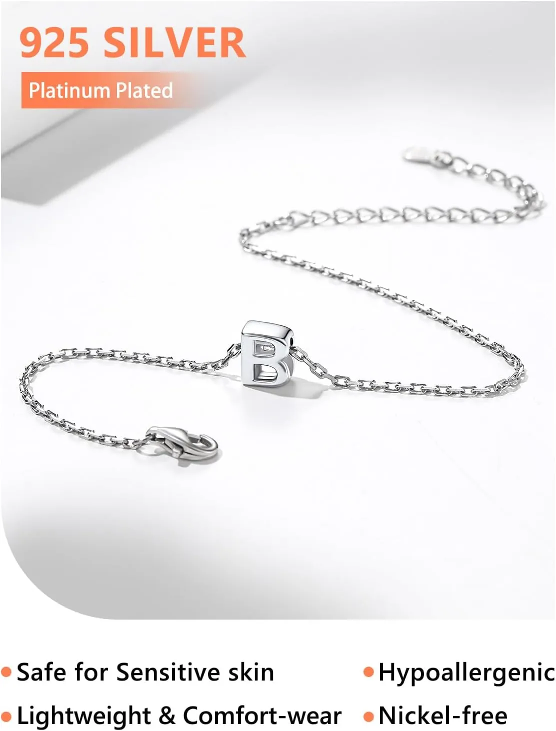 Silvora S925 Sterling Silver Initial Letter Bracelet - A to Z, 6.3"   2" Adjustable Personalized 26 Alphabet Jewelry Initial Bracelet for Women